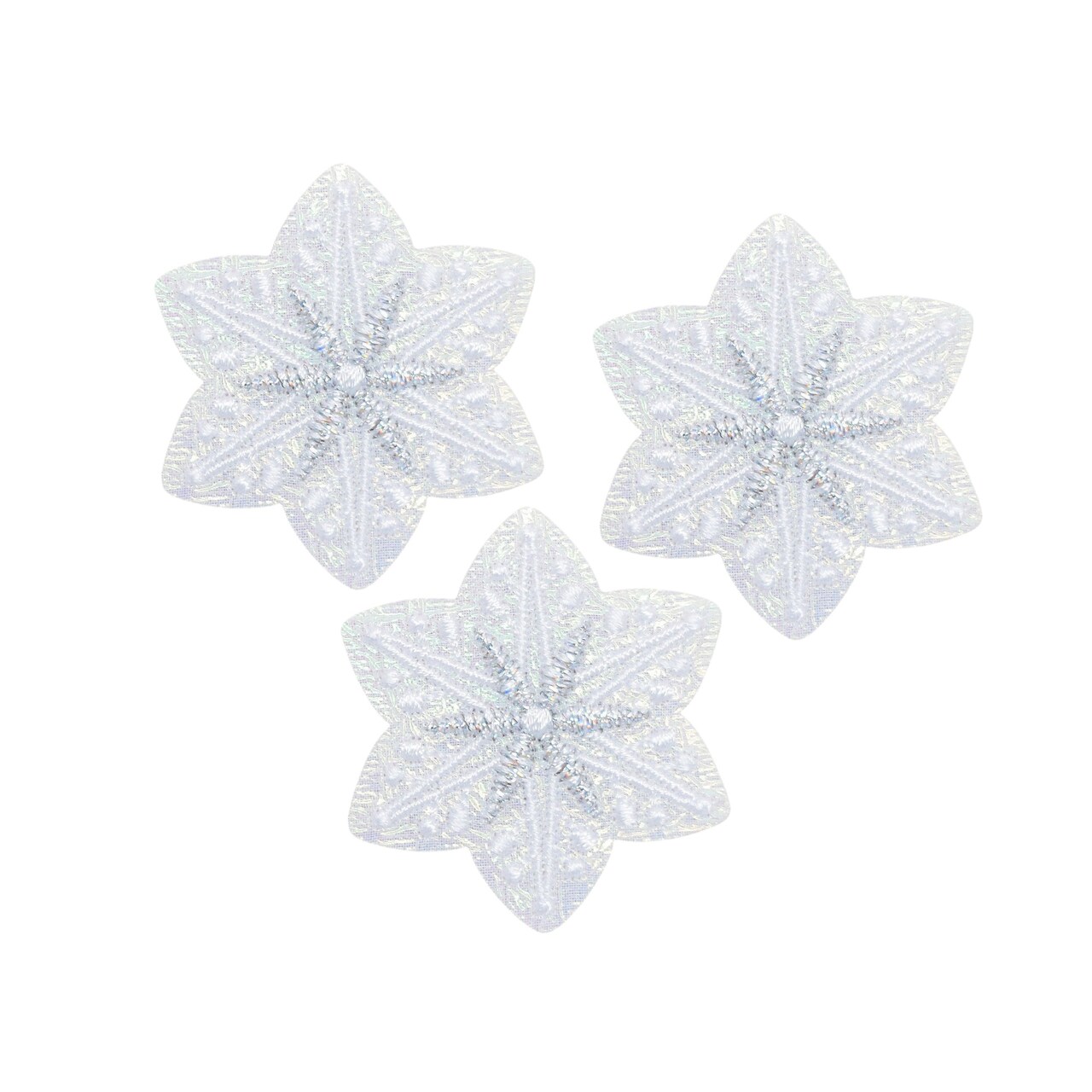 Set of 3, White Snowflake, Iridescent, Christmas, Winter, Embroidered, Iron on Patch